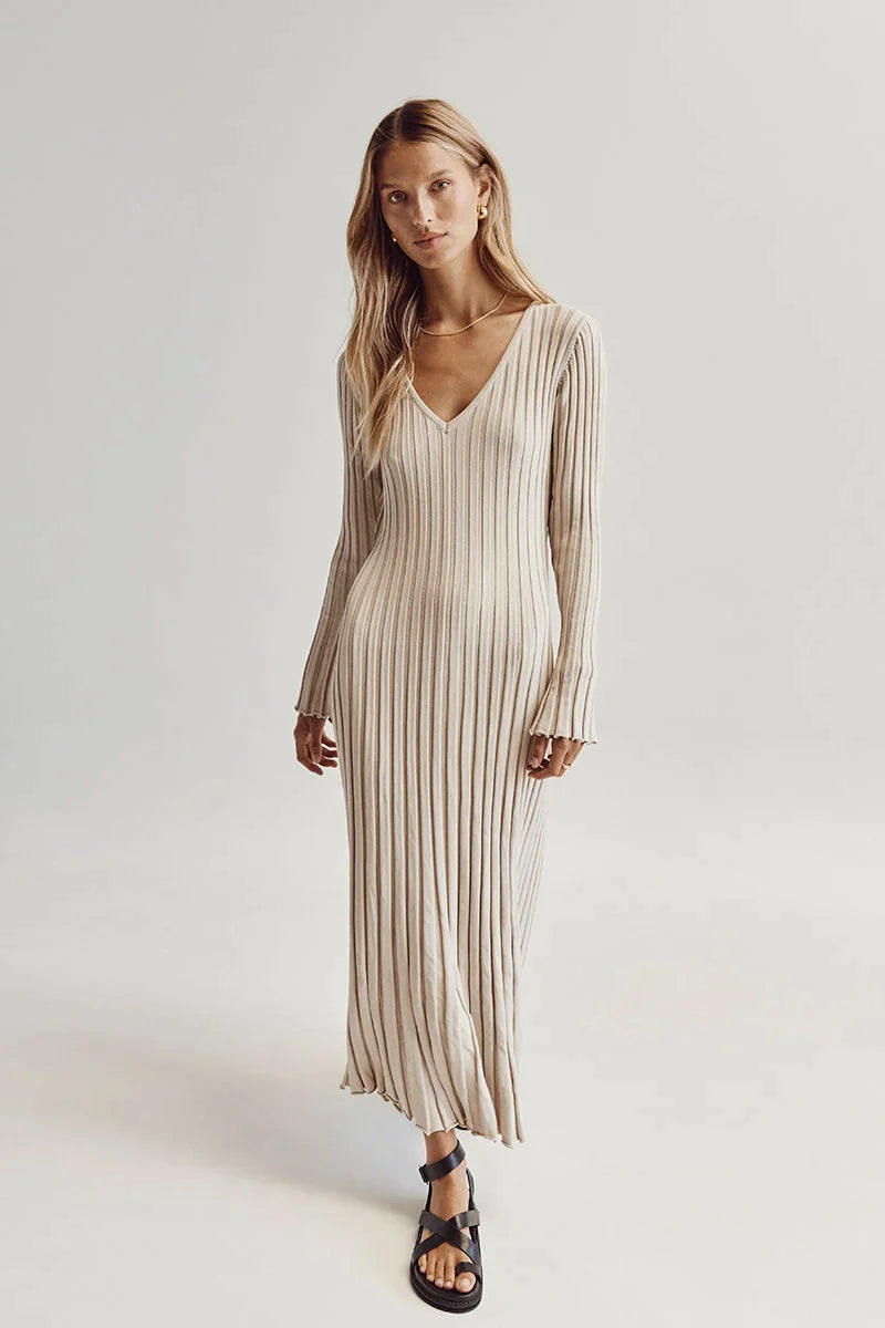 V-Neck Gebreide Midi Dress