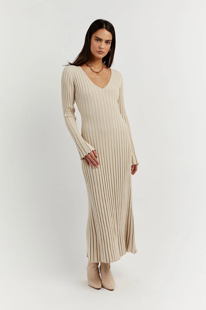 V-Neck Gebreide Midi Dress