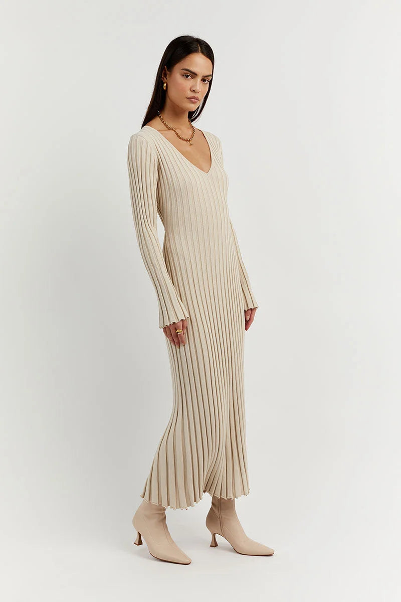 V-Neck Gebreide Midi Dress