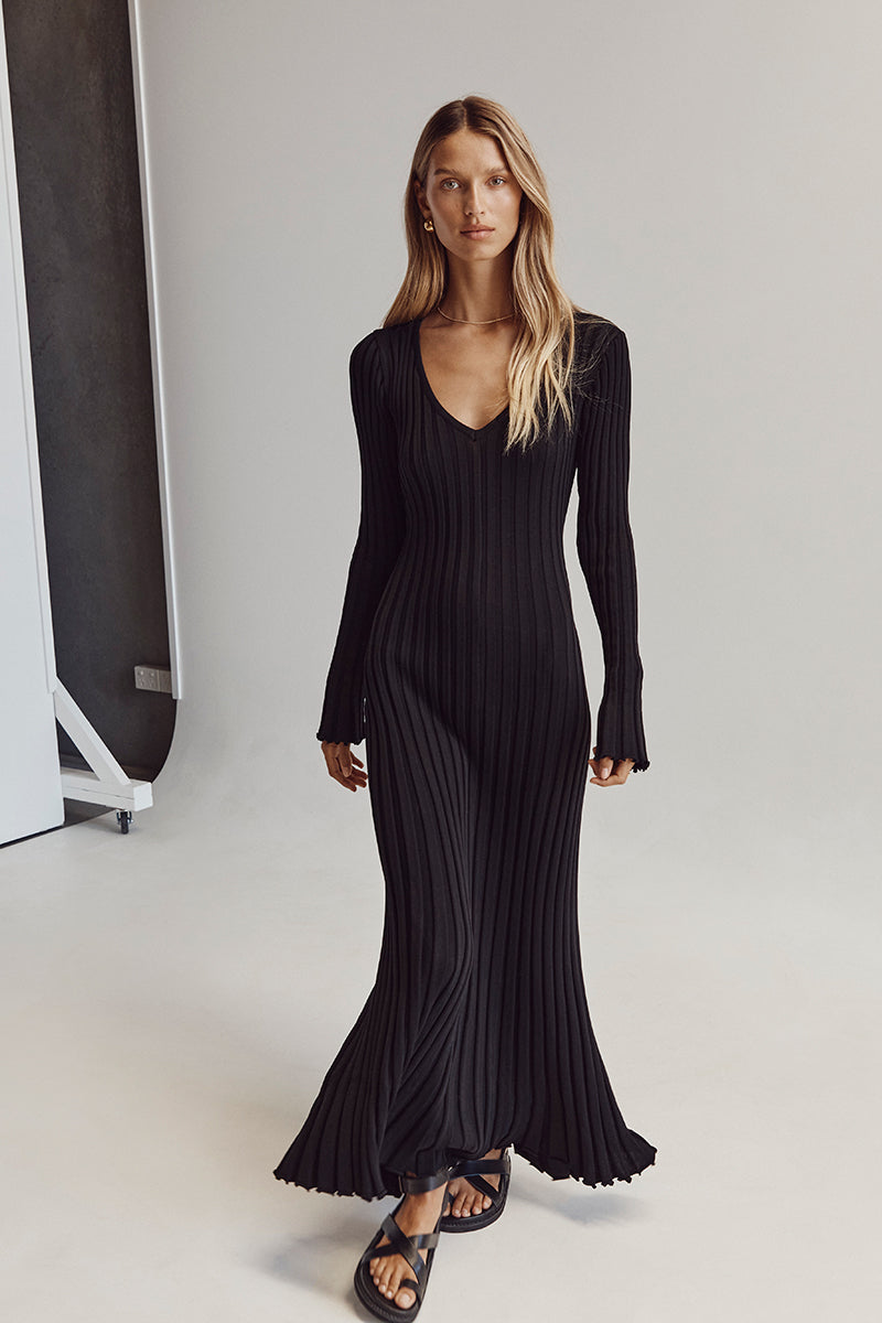 V-Neck Gebreide Midi Dress